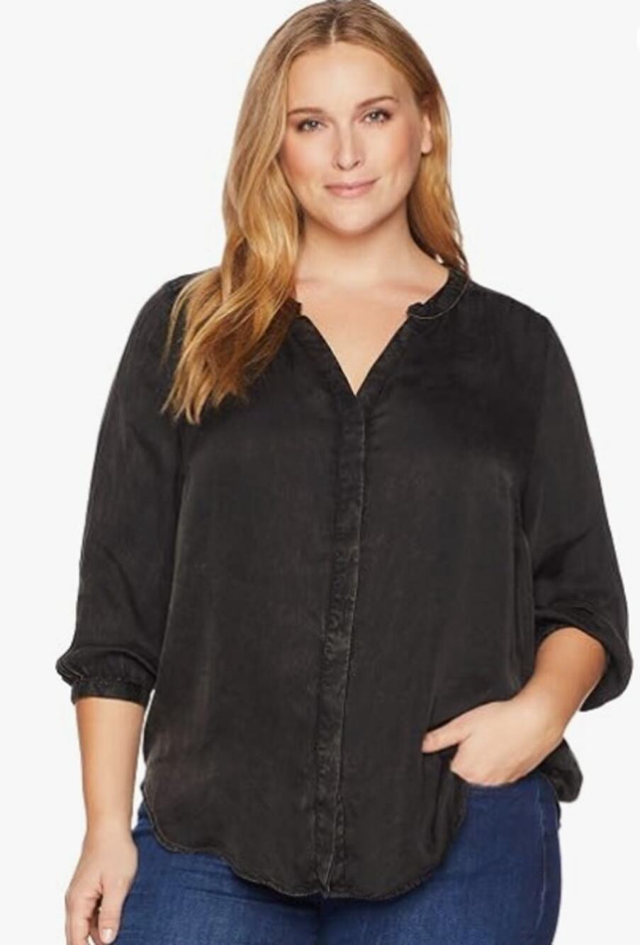 NYDJ Cupro Blouse Women 2X Black Washed 3/4 Sleeve Drapey V-Neck Plus Size Top